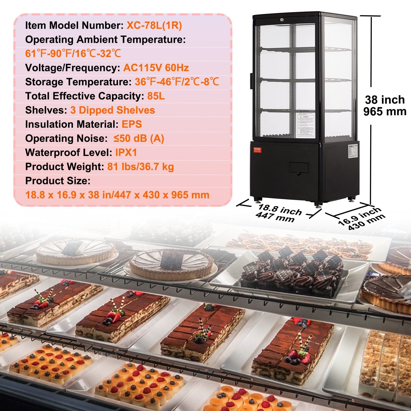 VEVOR Refrigerated Display Case, 3 Cu.Ft./85L, 3-Tier, Countertop Pastry Display Case Commercial Display Refrigerator with LED Lighting, TURBO Cooling, Frost-Free Air-Cooling, Locked Door for Bakery 