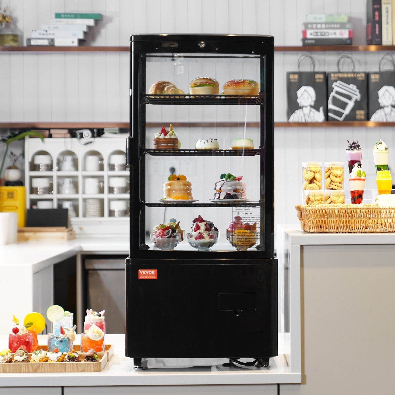 VEVOR Refrigerated Display Case, 3 Cu.Ft./85L, 3-Tier, Countertop Pastry Display Case Commercial Display Refrigerator with LED Lighting, TURBO Cooling, Frost-Free Air-Cooling, Locked Door for Bakery 