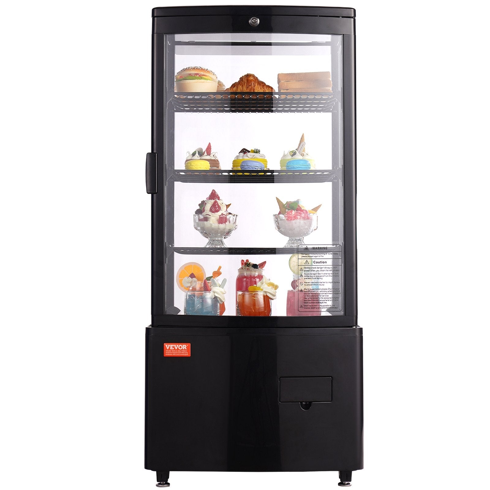 VEVOR Refrigerated Display Case, 3 Cu.Ft./85L, 3-Tier, Countertop Pastry Display Case Commercial Display Refrigerator with LED Lighting, TURBO Cooling, Frost-Free Air-Cooling, Locked Door for Bakery 