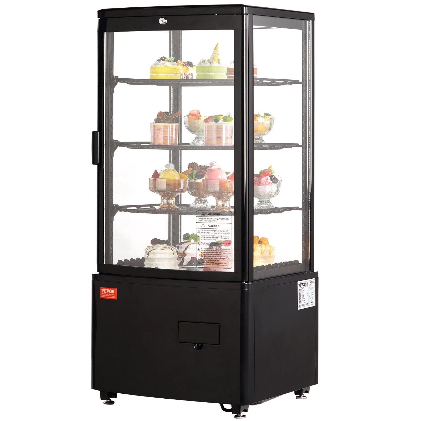 VEVOR Refrigerated Display Case, 3 Cu.Ft./85L, 3-Tier, Countertop Pastry Display Case Commercial Display Refrigerator with LED Lighting, TURBO Cooling, Frost-Free Air-Cooling, Locked Door for Bakery 