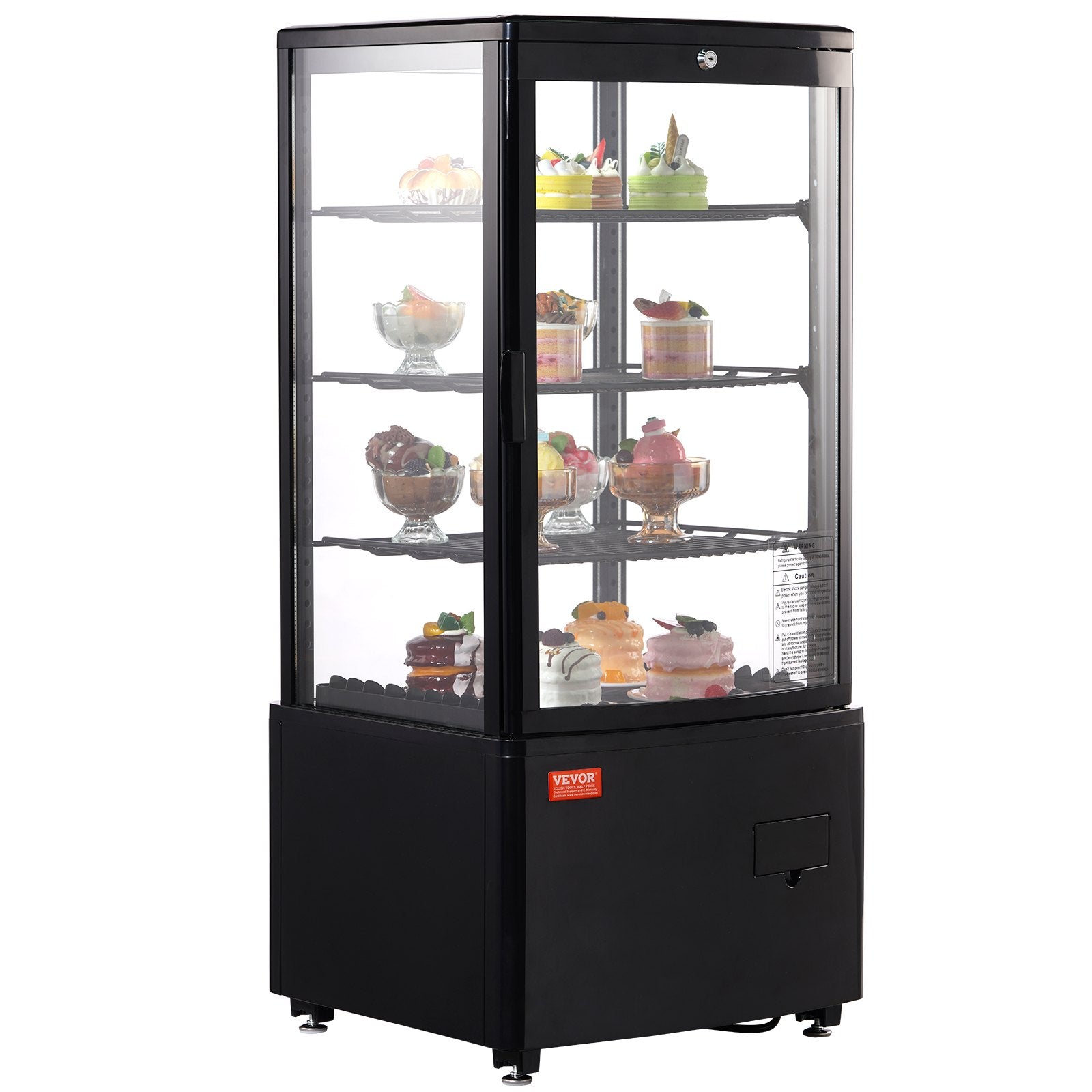 VEVOR Refrigerated Display Case, 3 Cu.Ft./85L, 3-Tier, Countertop Pastry Display Case Commercial Display Refrigerator with LED Lighting, TURBO Cooling, Frost-Free Air-Cooling, Locked Door for Bakery 