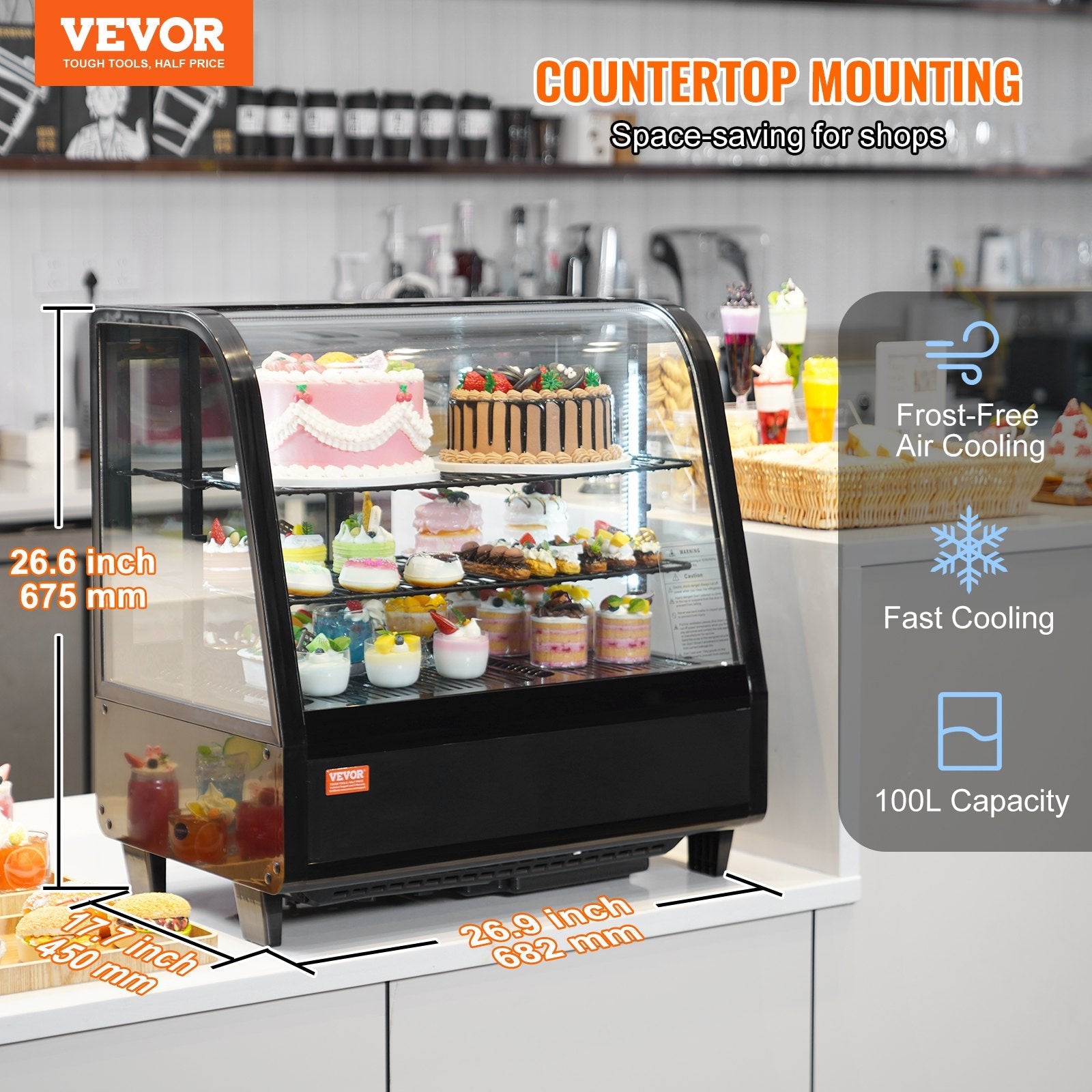 VEVOR Refrigerated Display Case, 3.5 Cu.Ft./100L, 2-Tier, Countertop Pastry Display Case Commercial Display Refrigerator with LED Lighting, TURBO Cooling, Frost-Free Air-Cooling, Rear Sliding Door 