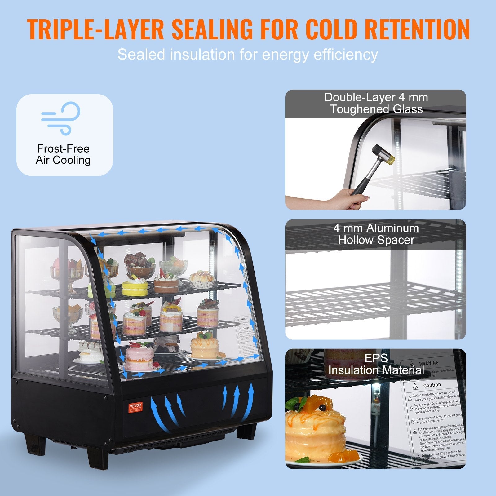 VEVOR Refrigerated Display Case, 3.5 Cu.Ft./100L, 2-Tier, Countertop Pastry Display Case Commercial Display Refrigerator with LED Lighting, TURBO Cooling, Frost-Free Air-Cooling, Rear Sliding Door 