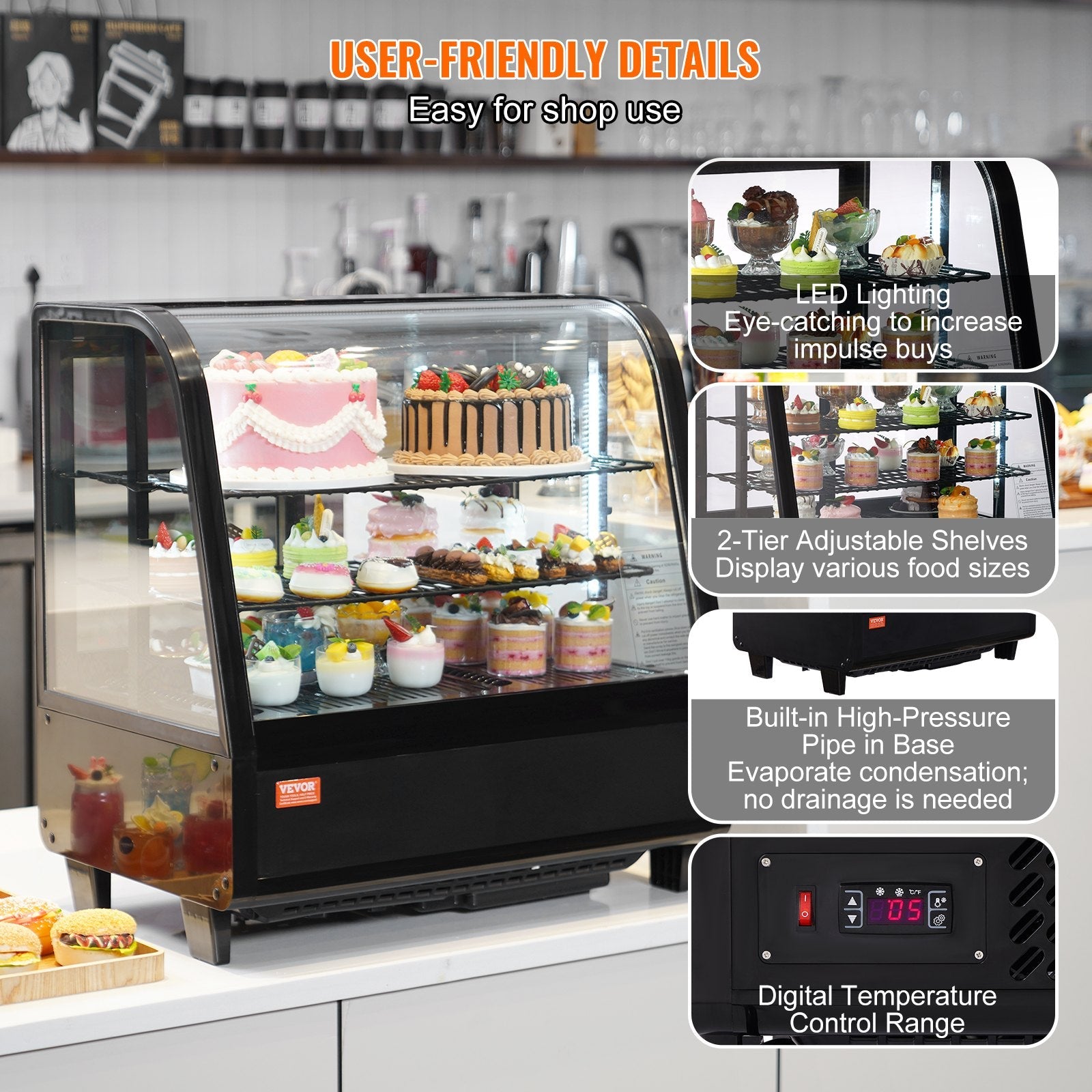 VEVOR Refrigerated Display Case, 3.5 Cu.Ft./100L, 2-Tier, Countertop Pastry Display Case Commercial Display Refrigerator with LED Lighting, TURBO Cooling, Frost-Free Air-Cooling, Rear Sliding Door 