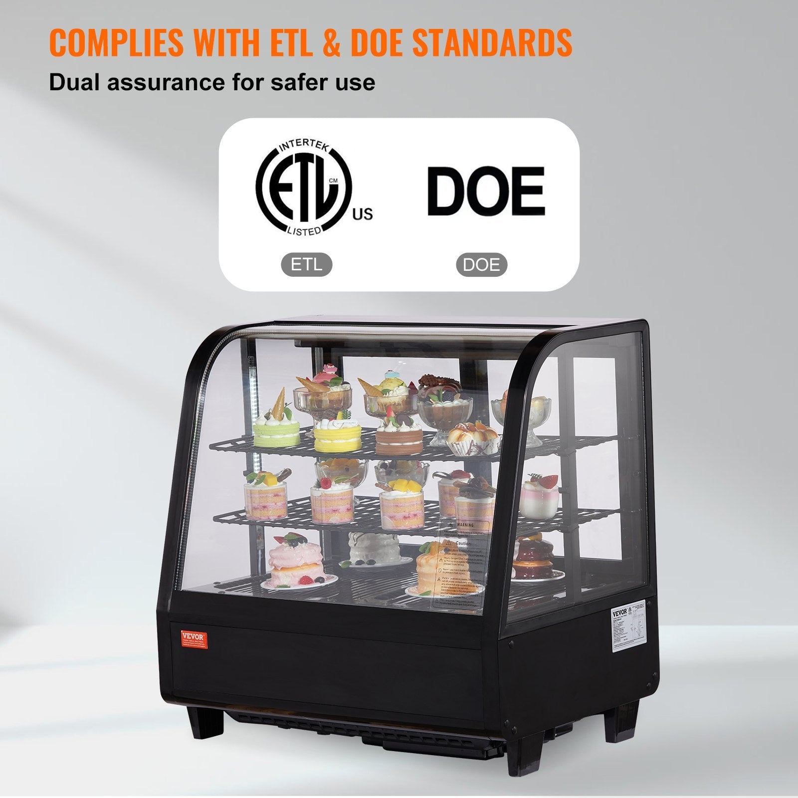 VEVOR Refrigerated Display Case, 3.5 Cu.Ft./100L, 2-Tier, Countertop Pastry Display Case Commercial Display Refrigerator with LED Lighting, TURBO Cooling, Frost-Free Air-Cooling, Rear Sliding Door 
