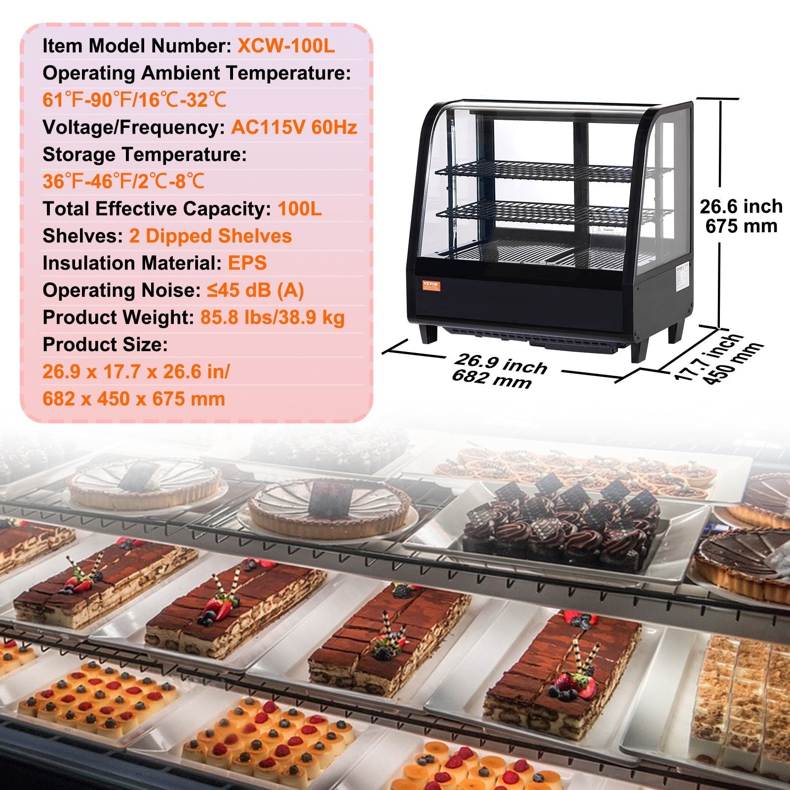 VEVOR Refrigerated Display Case, 3.5 Cu.Ft./100L, 2-Tier, Countertop Pastry Display Case Commercial Display Refrigerator with LED Lighting, TURBO Cooling, Frost-Free Air-Cooling, Rear Sliding Door 