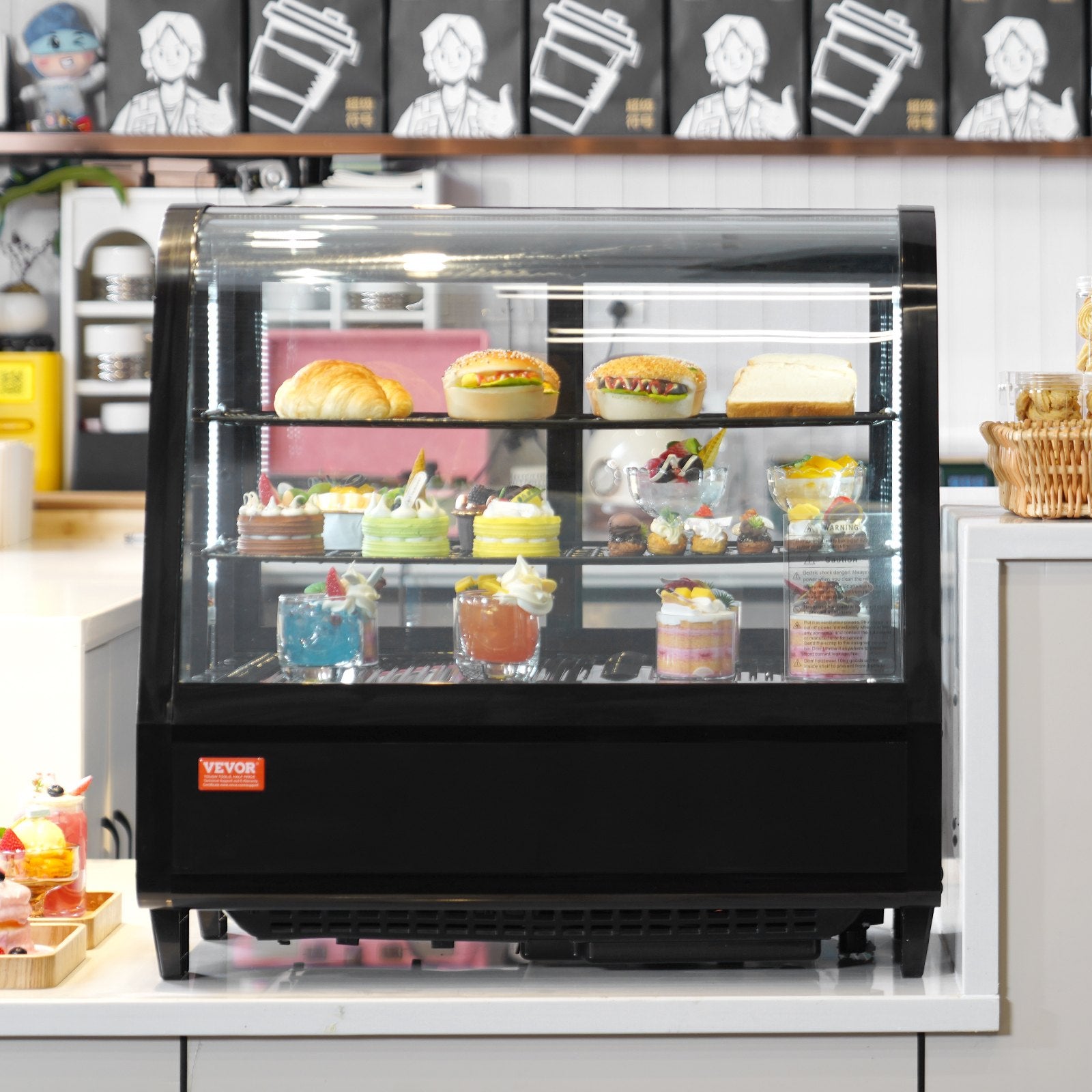 VEVOR Refrigerated Display Case, 3.5 Cu.Ft./100L, 2-Tier, Countertop Pastry Display Case Commercial Display Refrigerator with LED Lighting, TURBO Cooling, Frost-Free Air-Cooling, Rear Sliding Door 