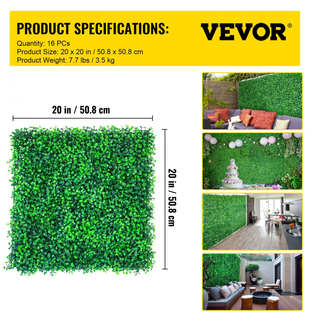 VEVOR Artificial Boxwood Panels, 16 PCS 20"x20" Boxwood Hedge Wall Panels, PE Artificial Grass Backdrop Wall 1.6", Privacy Hedge Screen for Decoration of Outdoor, Indoor, Garden, Fence, and Backyard 