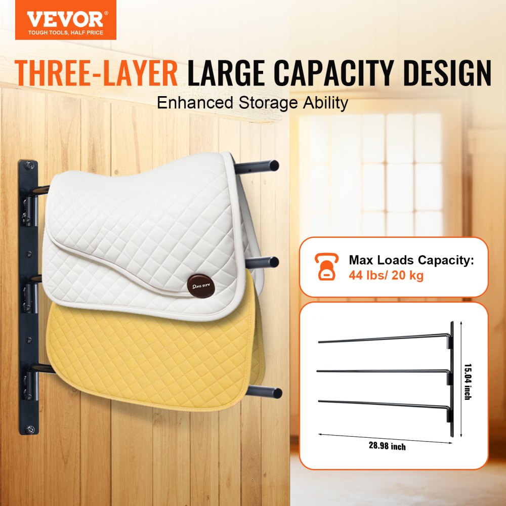 VEVOR Wall Mounted Saddle Rack Three Tiers Swing Out Saddle Pad Holder 