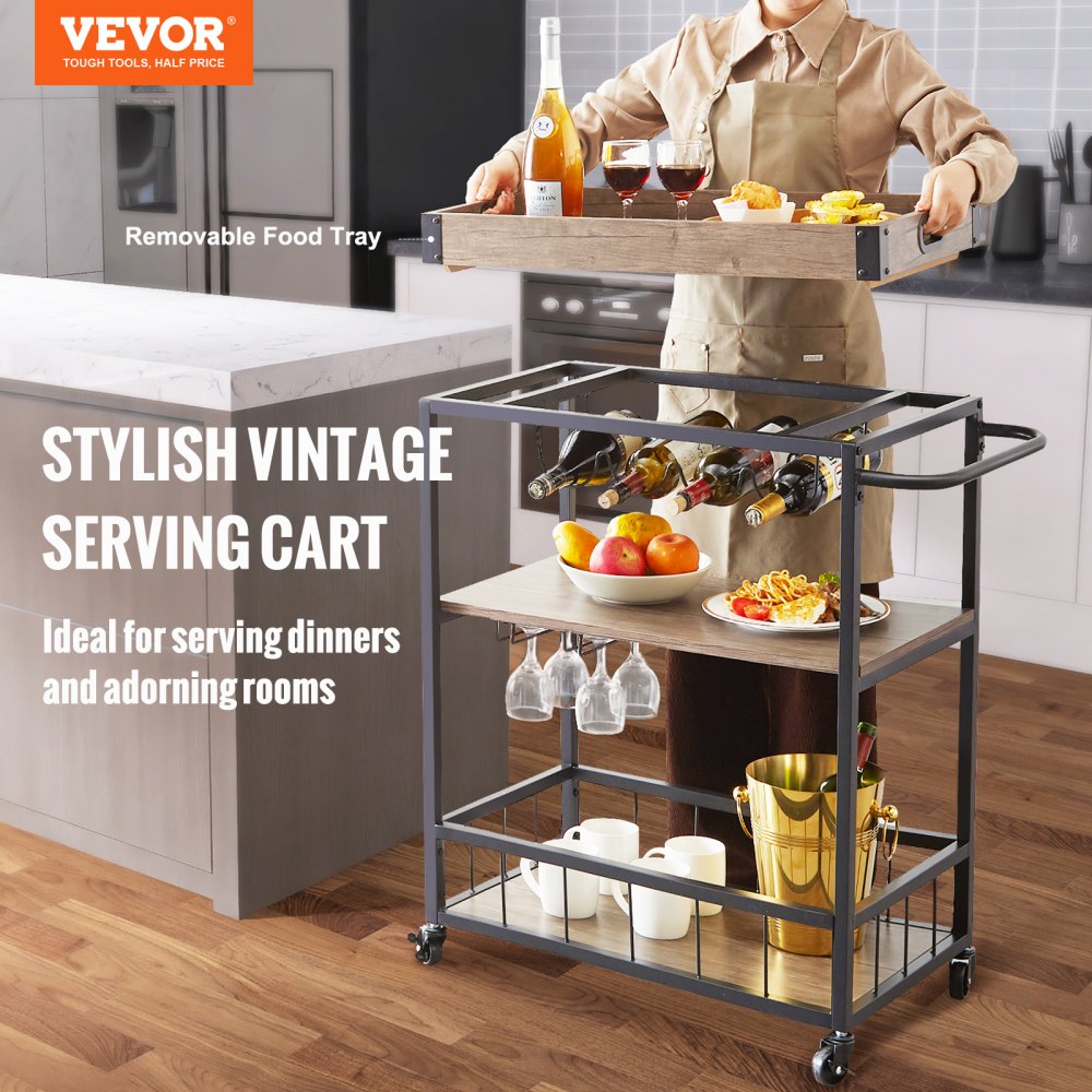 VEVOR 3-Tier Bar Serving Cart Rolling Trolley with Wine Grid Glass Holder 110LBS 