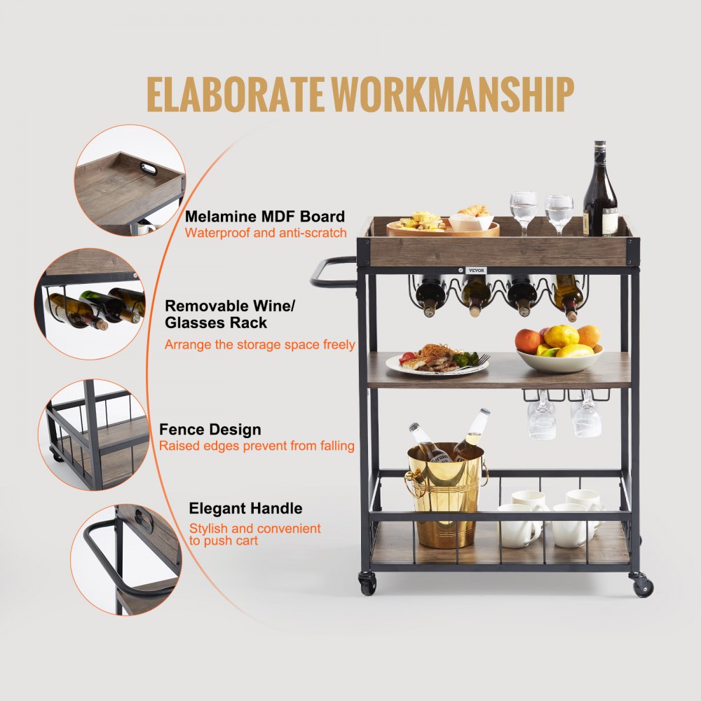 VEVOR 3-Tier Bar Serving Cart Rolling Trolley with Wine Grid Glass Holder 110LBS 