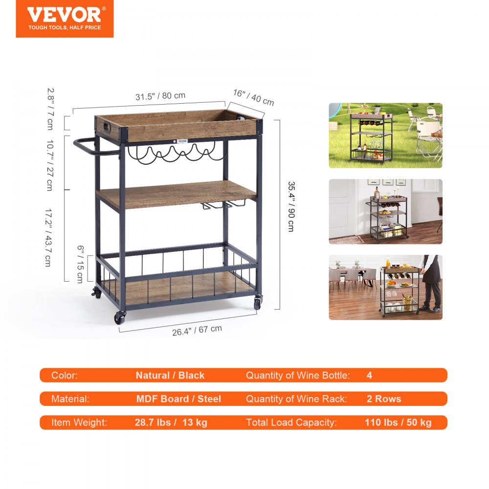 VEVOR 3-Tier Bar Serving Cart Rolling Trolley with Wine Grid Glass Holder 110LBS 