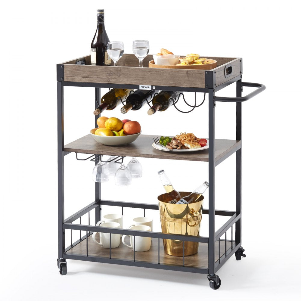 VEVOR 3-Tier Bar Serving Cart Rolling Trolley with Wine Grid Glass Holder 110LBS 