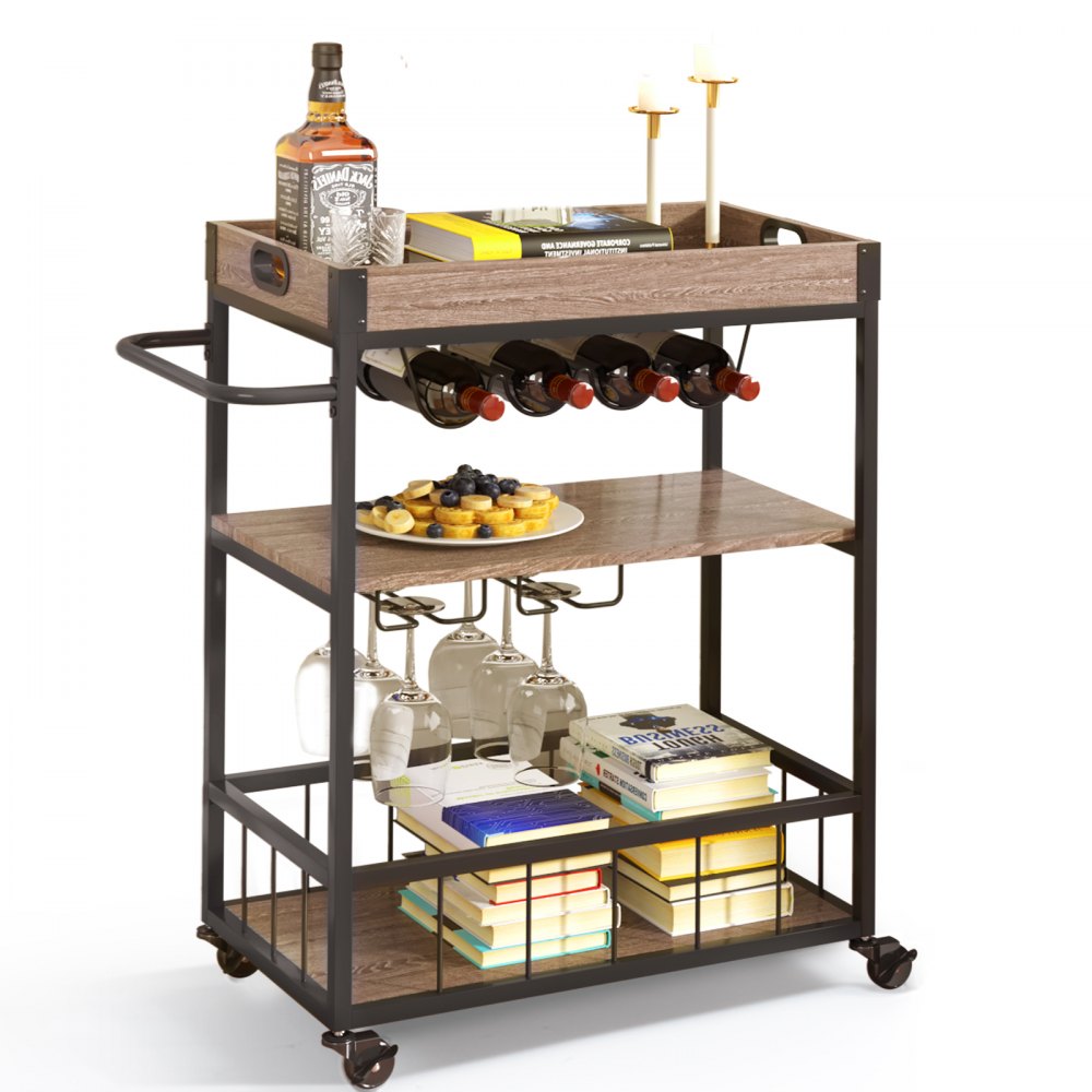 VEVOR 3-Tier Bar Serving Cart Rolling Trolley with Wine Grid Glass Holder 110LBS 