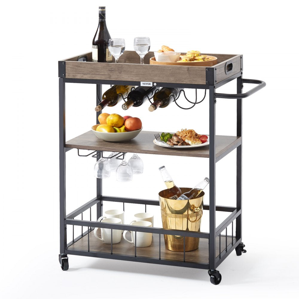 VEVOR 3-Tier Bar Serving Cart Rolling Trolley with Wine Grid Glass Holder 110LBS 