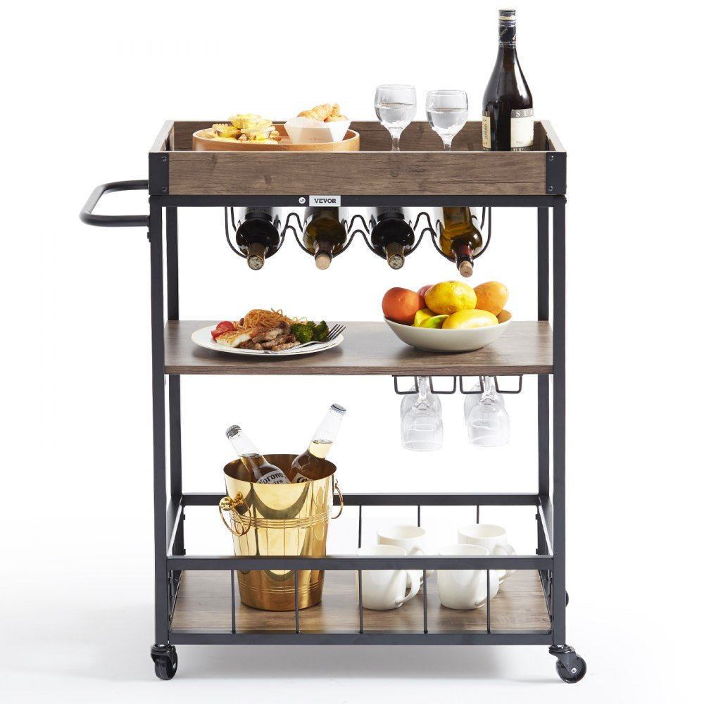 VEVOR 3-Tier Bar Serving Cart Rolling Trolley with Wine Grid Glass Holder 110LBS 