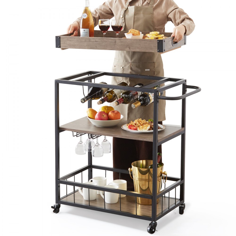 VEVOR 3-Tier Bar Serving Cart Rolling Trolley with Wine Grid Glass Holder 110LBS 