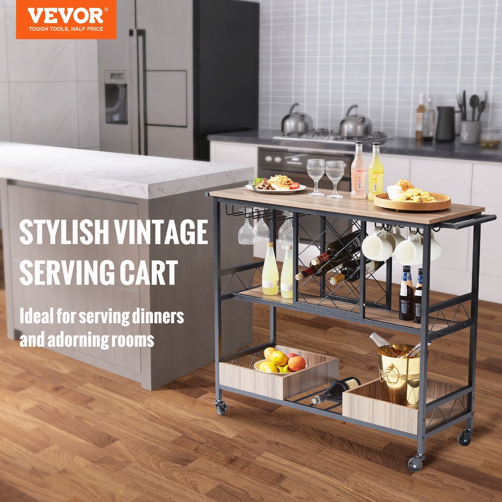 VEVOR Bar Cart, Home Serving Cart, 3 Tiers 300 LBS Industrial Rolling Beverage Station on Lockable Wheels, Mobile Alcohol Drink Cart with Removable Tray Wine Rack Glass Holder for Kitchen Dining Room 