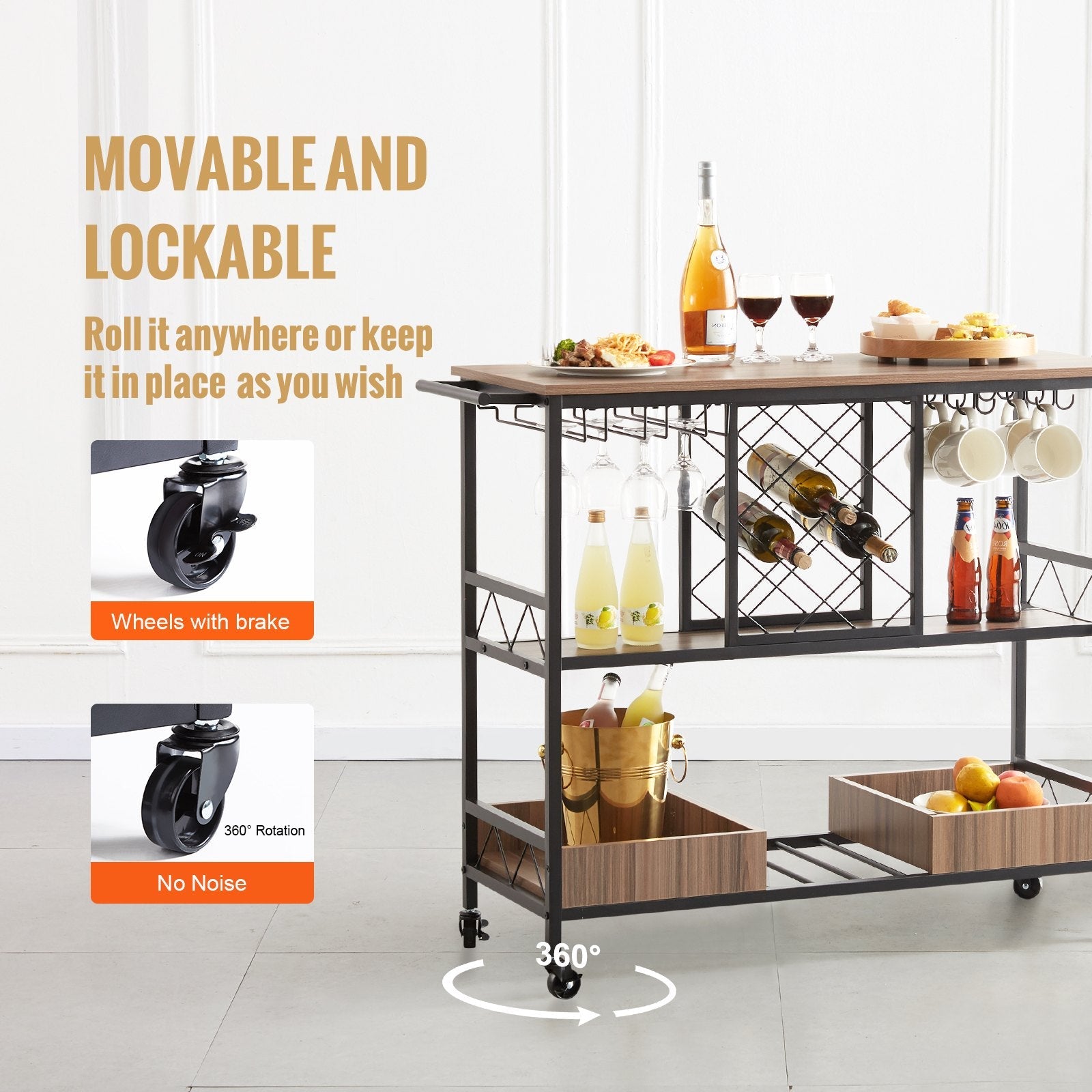 VEVOR Bar Cart, Home Serving Cart, 3 Tiers 300 LBS Industrial Rolling Beverage Station on Lockable Wheels, Mobile Alcohol Drink Cart with Removable Tray Wine Rack Glass Holder for Kitchen Dining Room 