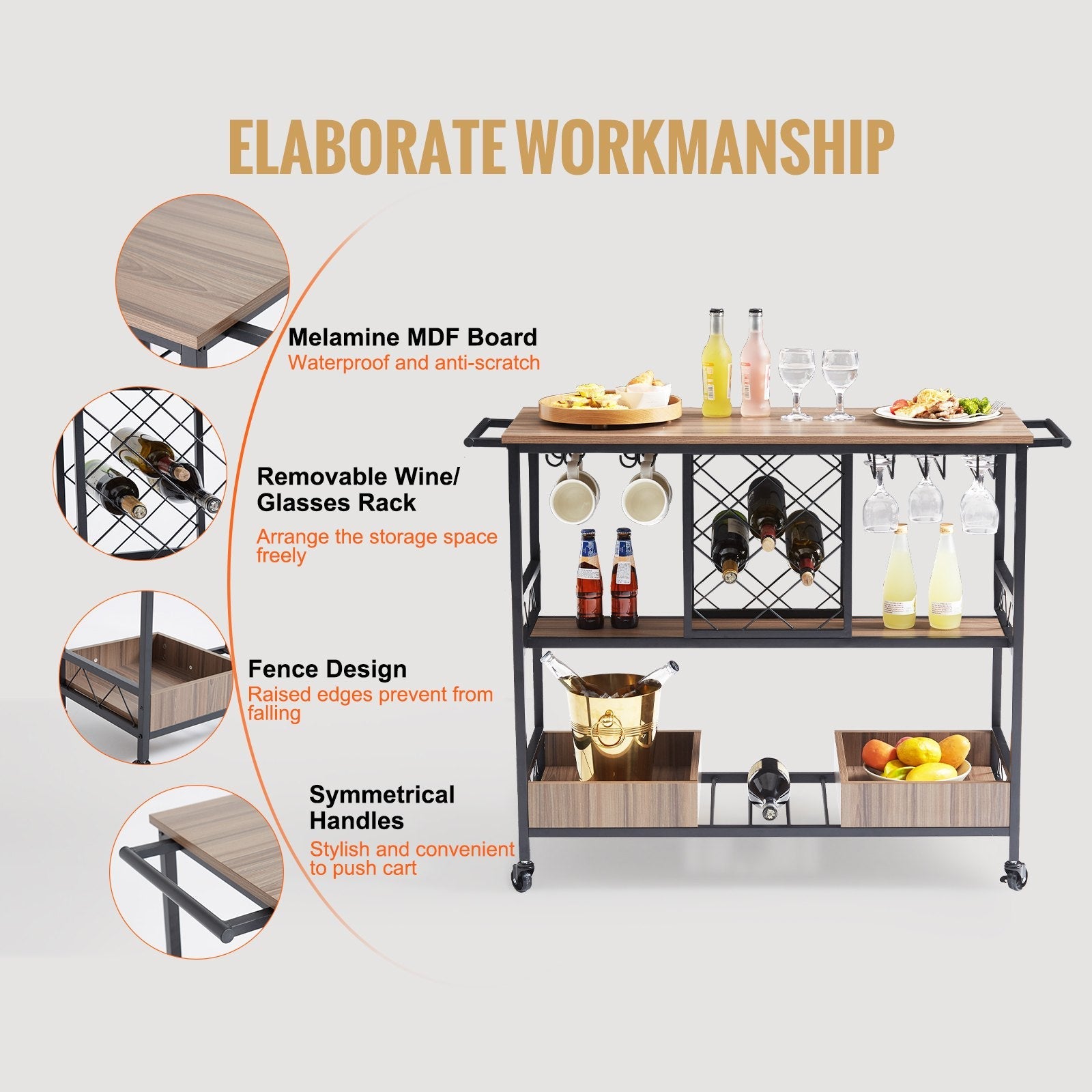 VEVOR Bar Cart, Home Serving Cart, 3 Tiers 300 LBS Industrial Rolling Beverage Station on Lockable Wheels, Mobile Alcohol Drink Cart with Removable Tray Wine Rack Glass Holder for Kitchen Dining Room 