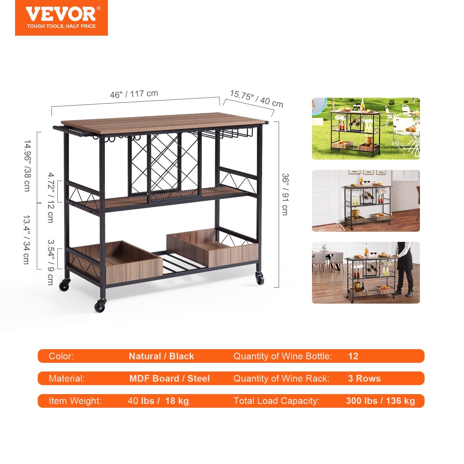 VEVOR Bar Cart, Home Serving Cart, 3 Tiers 300 LBS Industrial Rolling Beverage Station on Lockable Wheels, Mobile Alcohol Drink Cart with Removable Tray Wine Rack Glass Holder for Kitchen Dining Room 