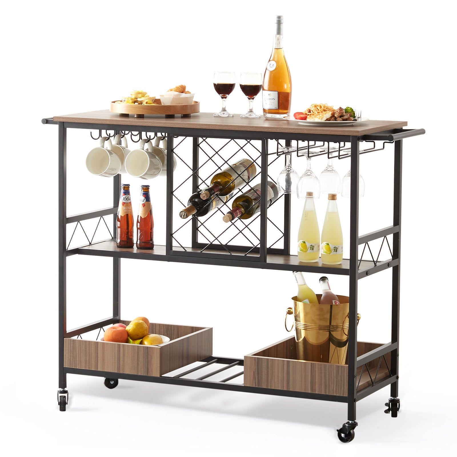 VEVOR Bar Cart, Home Serving Cart, 3 Tiers 300 LBS Industrial Rolling Beverage Station on Lockable Wheels, Mobile Alcohol Drink Cart with Removable Tray Wine Rack Glass Holder for Kitchen Dining Room 