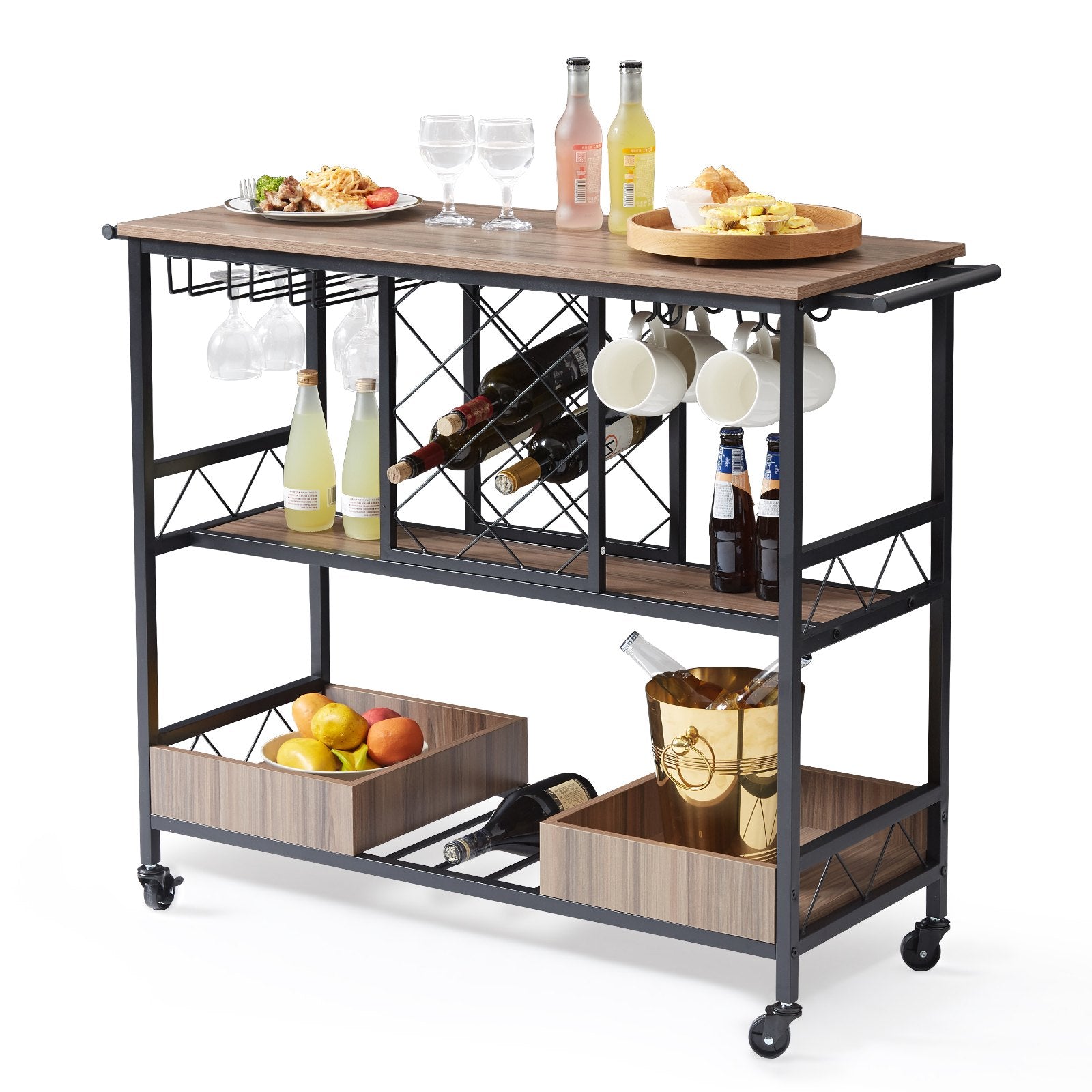 VEVOR Bar Cart, Home Serving Cart, 3 Tiers 300 LBS Industrial Rolling Beverage Station on Lockable Wheels, Mobile Alcohol Drink Cart with Removable Tray Wine Rack Glass Holder for Kitchen Dining Room 