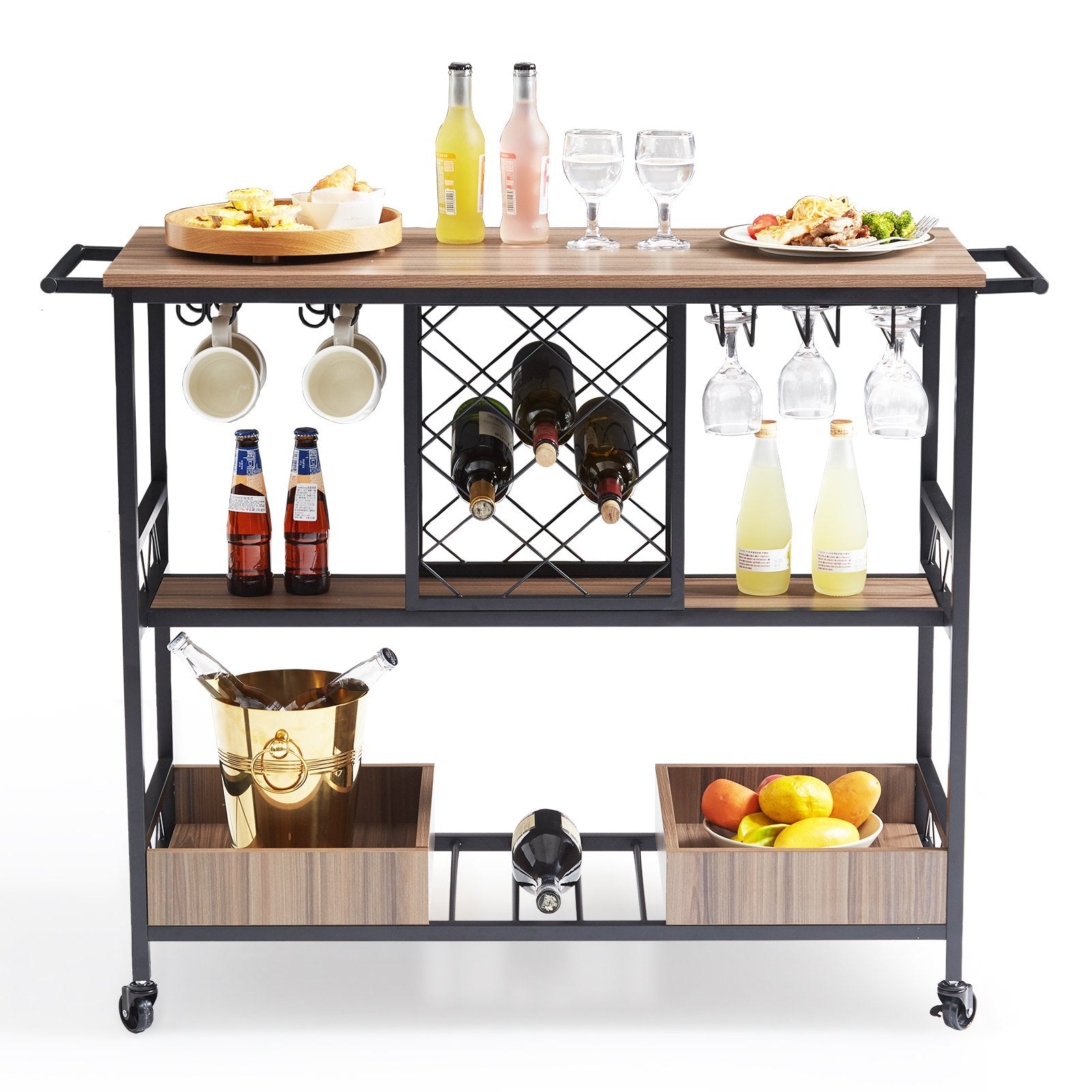 VEVOR Bar Cart, Home Serving Cart, 3 Tiers 300 LBS Industrial Rolling Beverage Station on Lockable Wheels, Mobile Alcohol Drink Cart with Removable Tray Wine Rack Glass Holder for Kitchen Dining Room 