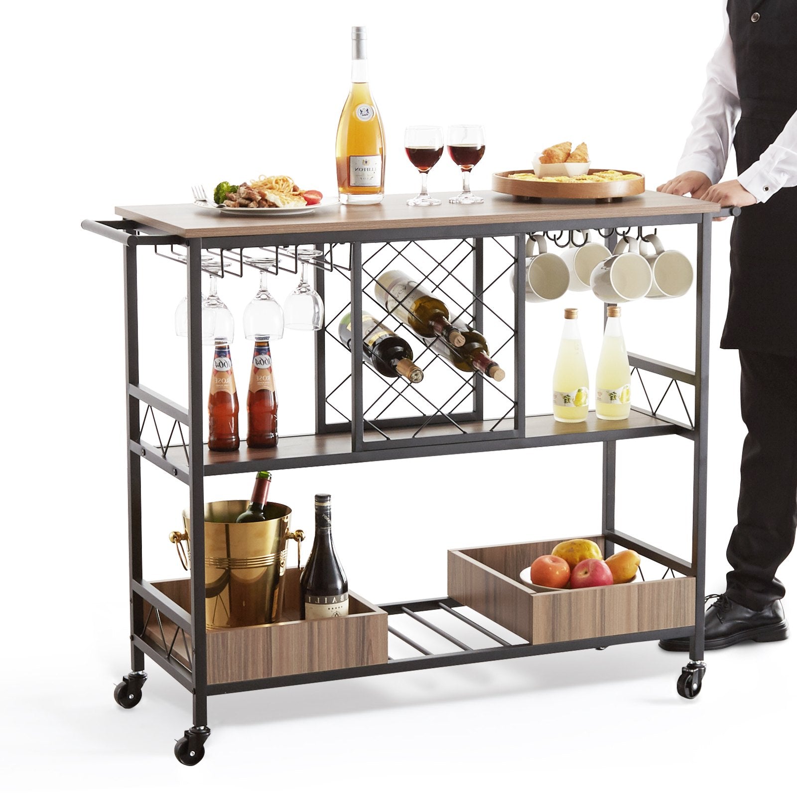 VEVOR Bar Cart, Home Serving Cart, 3 Tiers 300 LBS Industrial Rolling Beverage Station on Lockable Wheels, Mobile Alcohol Drink Cart with Removable Tray Wine Rack Glass Holder for Kitchen Dining Room 