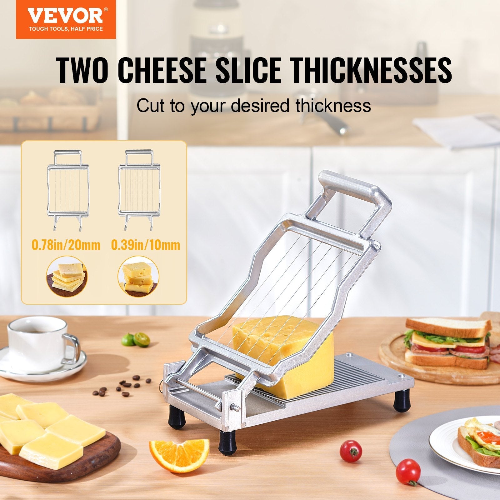 VEVOR Cheese Cutter with Wire Cheeser Butter Cutting 0.39" & 0.78" Cheese Slicer 