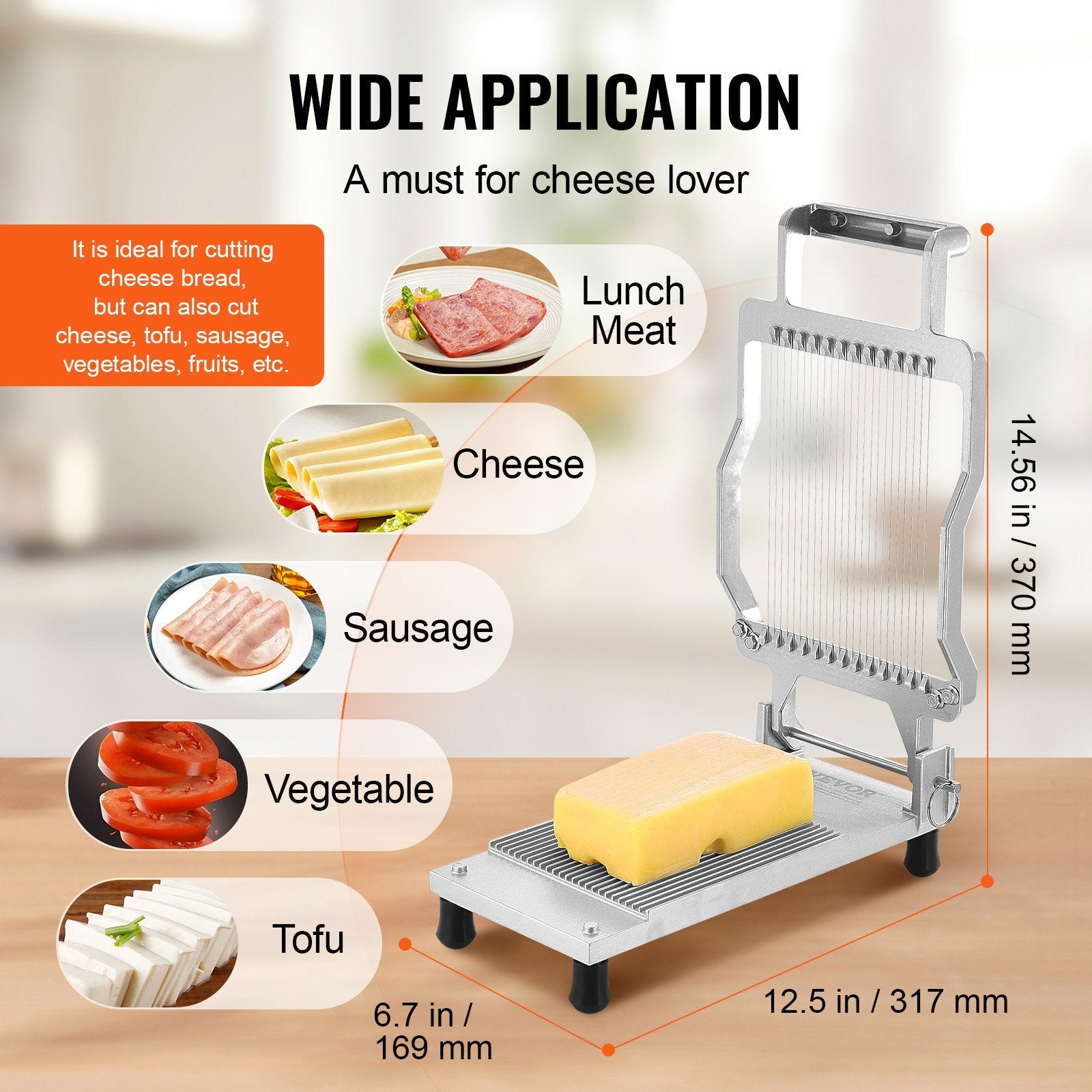 VEVOR Cheese Cutter with Wire Cheeser Butter Cutting 0.2" Thin Cheese Slicer 