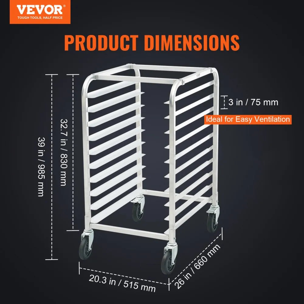VEVOR Bun Pan Rack, 10-Tier Commercial Bakery Racks with Brake Wheels, Aluminum Racking Trolley Storage for Half & Full Sheet, Speed Rack For Kitchen Home, Bread Baking Equipment, 26\"L x 20.3\"W x 39\"H
