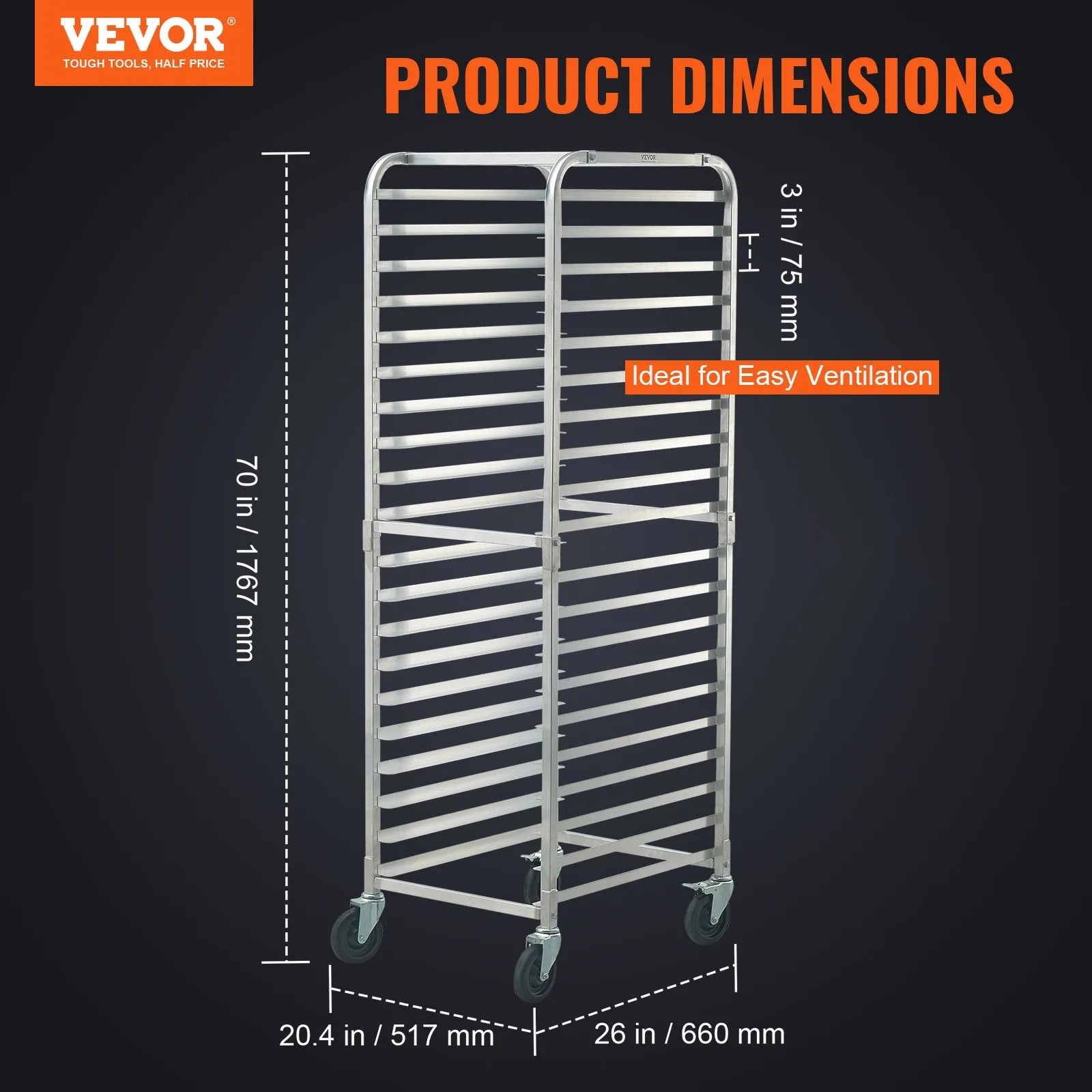 VEVOR Bun Pan Rack, 20-Tier Commercial Bakery Racks with Brake Wheels, Aluminum Racking Trolley Storage for Half & Full Sheet, Speed Rack For Kitchen Home, Bread Baking Equipment, 26\"L x 20.4\"W x 70\"H