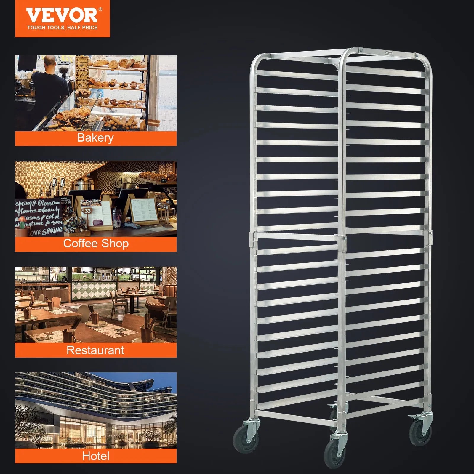 VEVOR Bun Pan Rack, 20-Tier Commercial Bakery Racks with Brake Wheels, Aluminum Racking Trolley Storage for Half & Full Sheet, Speed Rack For Kitchen Home, Bread Baking Equipment, 26\"L x 20.4\"W x 70\"H