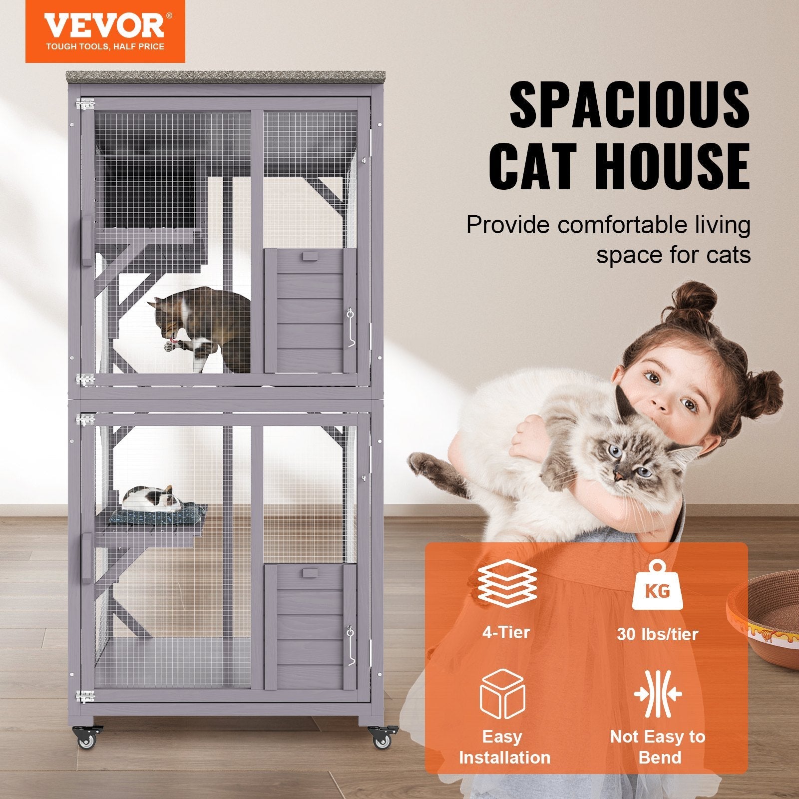VEVOR Cat House Outdoor, 3-Tier Large Catio, Cat Enclosure with 360° Rotating Casters, 2 Platforms, A Resting Box and Large Front Door, 29.9 x 34 x 64.1 inch 