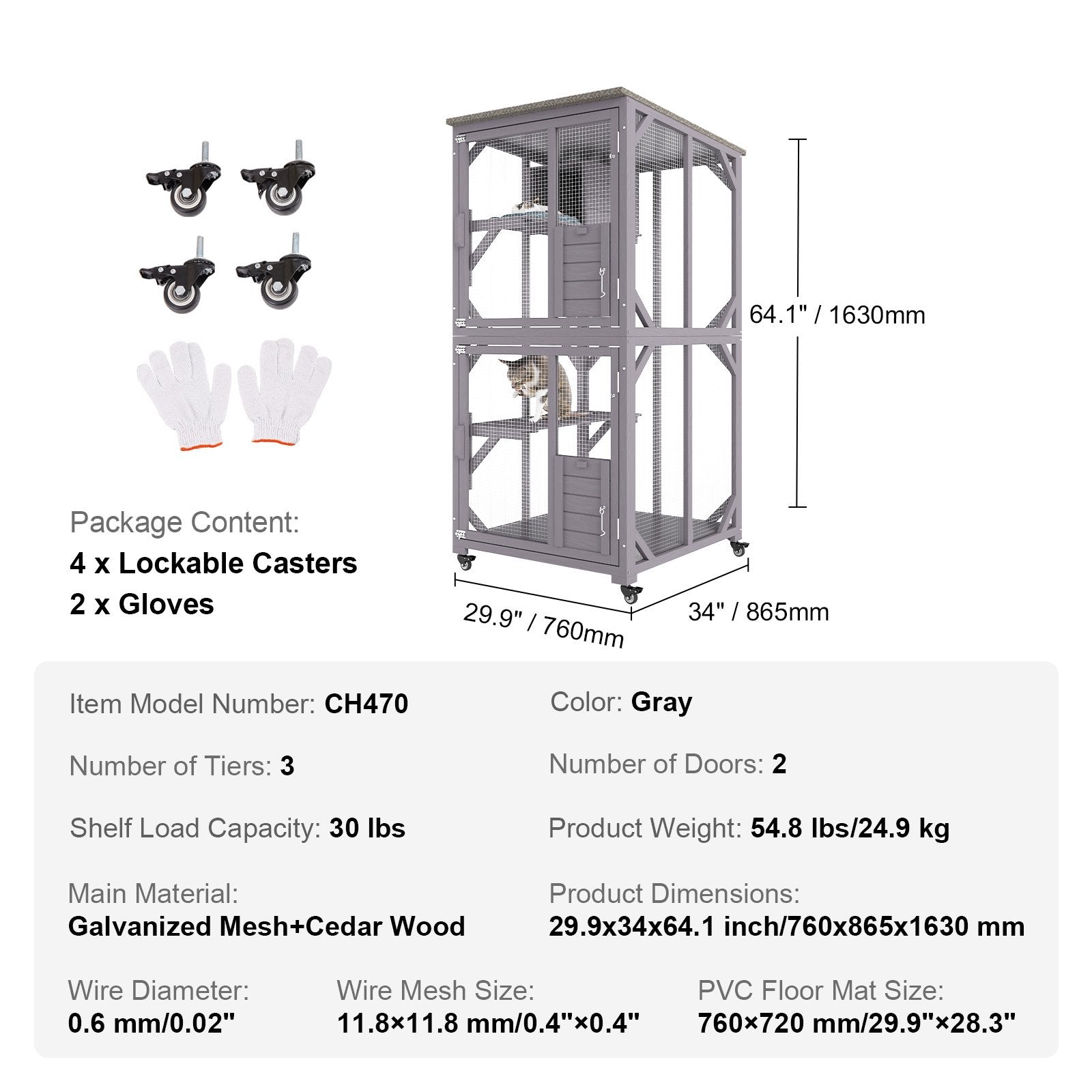VEVOR Cat House Outdoor, 3-Tier Large Catio, Cat Enclosure with 360° Rotating Casters, 2 Platforms, A Resting Box and Large Front Door, 29.9 x 34 x 64.1 inch 