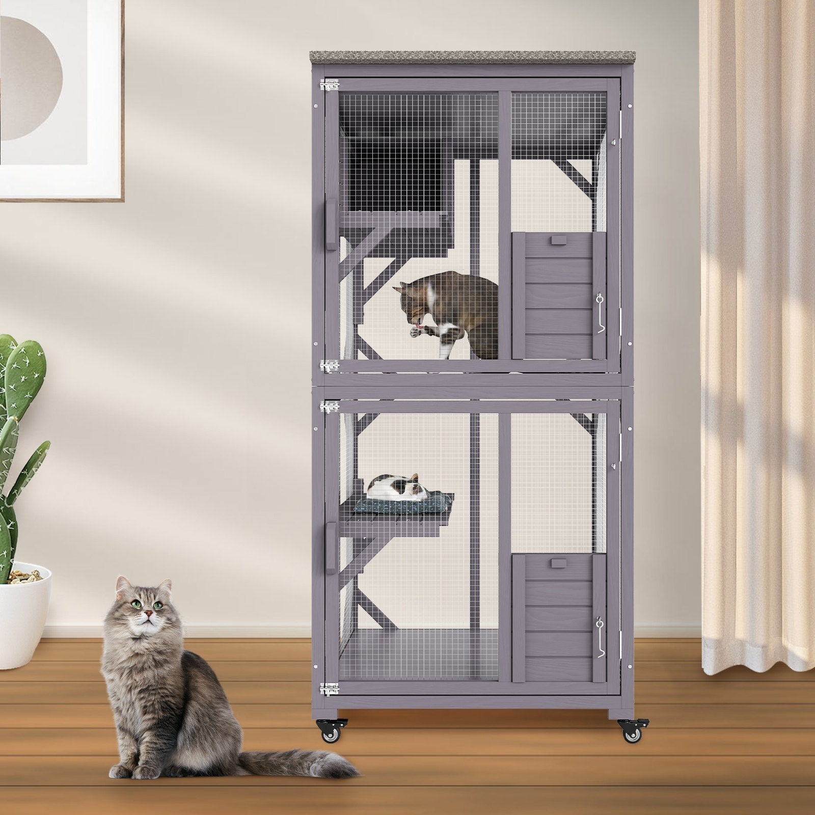 VEVOR Cat House Outdoor, 3-Tier Large Catio, Cat Enclosure with 360° Rotating Casters, 2 Platforms, A Resting Box and Large Front Door, 29.9 x 34 x 64.1 inch 
