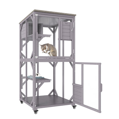 VEVOR Cat House Outdoor, 3-Tier Large Catio, Cat Enclosure with 360° Rotating Casters, 2 Platforms, A Resting Box and Large Front Door, 29.9 x 34 x 64.1 inch 