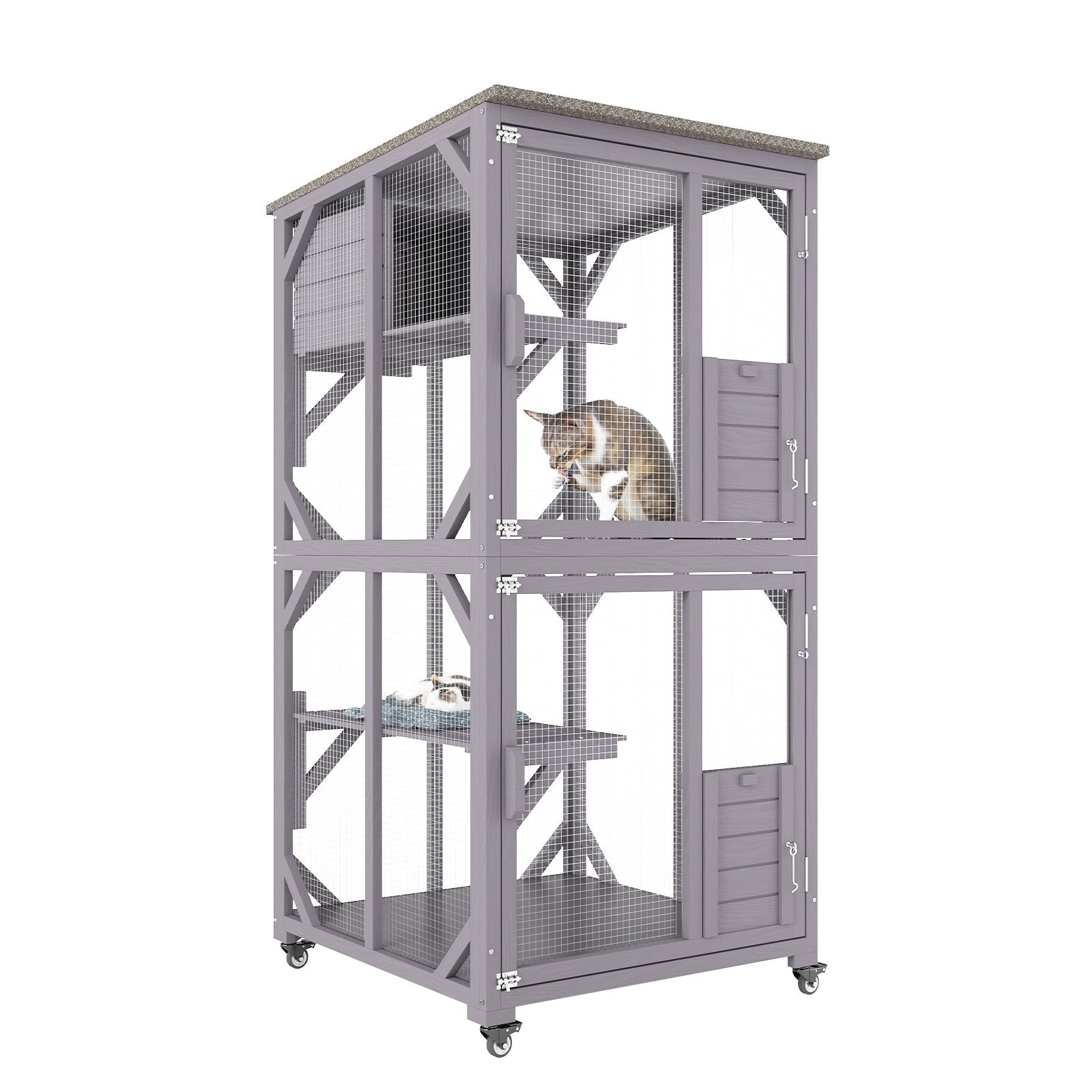 VEVOR Cat House Outdoor, 3-Tier Large Catio, Cat Enclosure with 360° Rotating Casters, 2 Platforms, A Resting Box and Large Front Door, 29.9 x 34 x 64.1 inch 