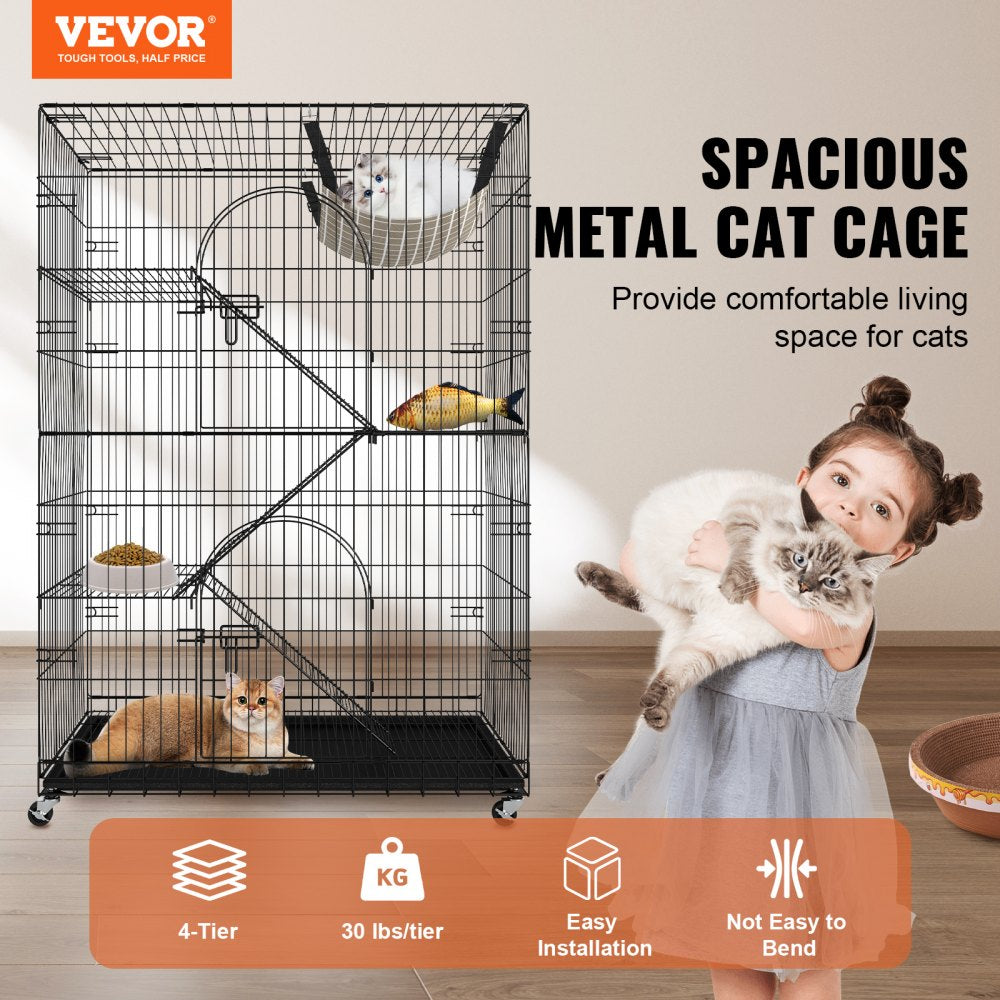 VEVOR Catio, 4-Tier Large Cat Cages Indoor, Detachable Metal Playpen Enclosure with 360° Rotating Casters, with 3 Ladders and a Hammock for 1-3 Cats, 35.4x23.6x51 inch 