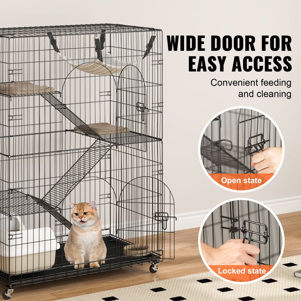 VEVOR Catio, 4-Tier Large Cat Cages Indoor, Detachable Metal Playpen Enclosure with 360° Rotating Casters, with 3 Ladders and a Hammock for 1-3 Cats, 35.4x23.6x51 inch 
