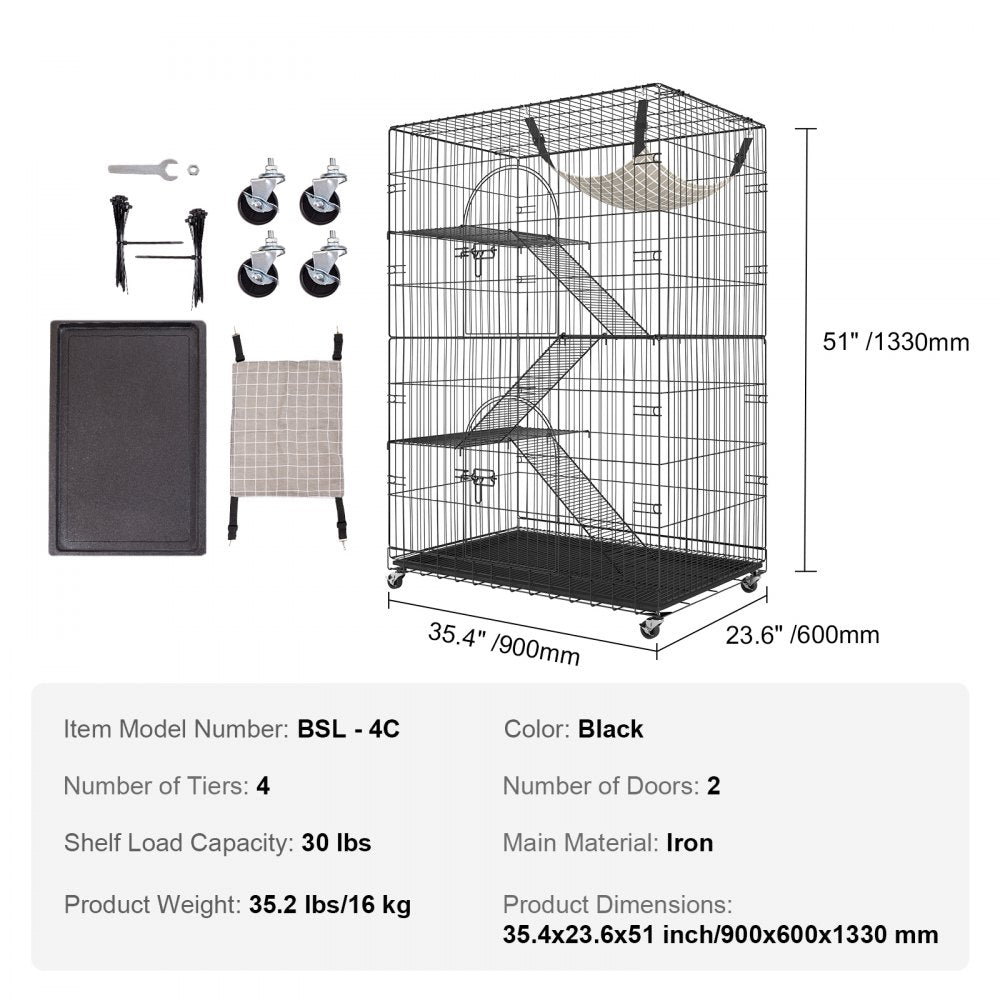 VEVOR Catio, 4-Tier Large Cat Cages Indoor, Detachable Metal Playpen Enclosure with 360° Rotating Casters, with 3 Ladders and a Hammock for 1-3 Cats, 35.4x23.6x51 inch 