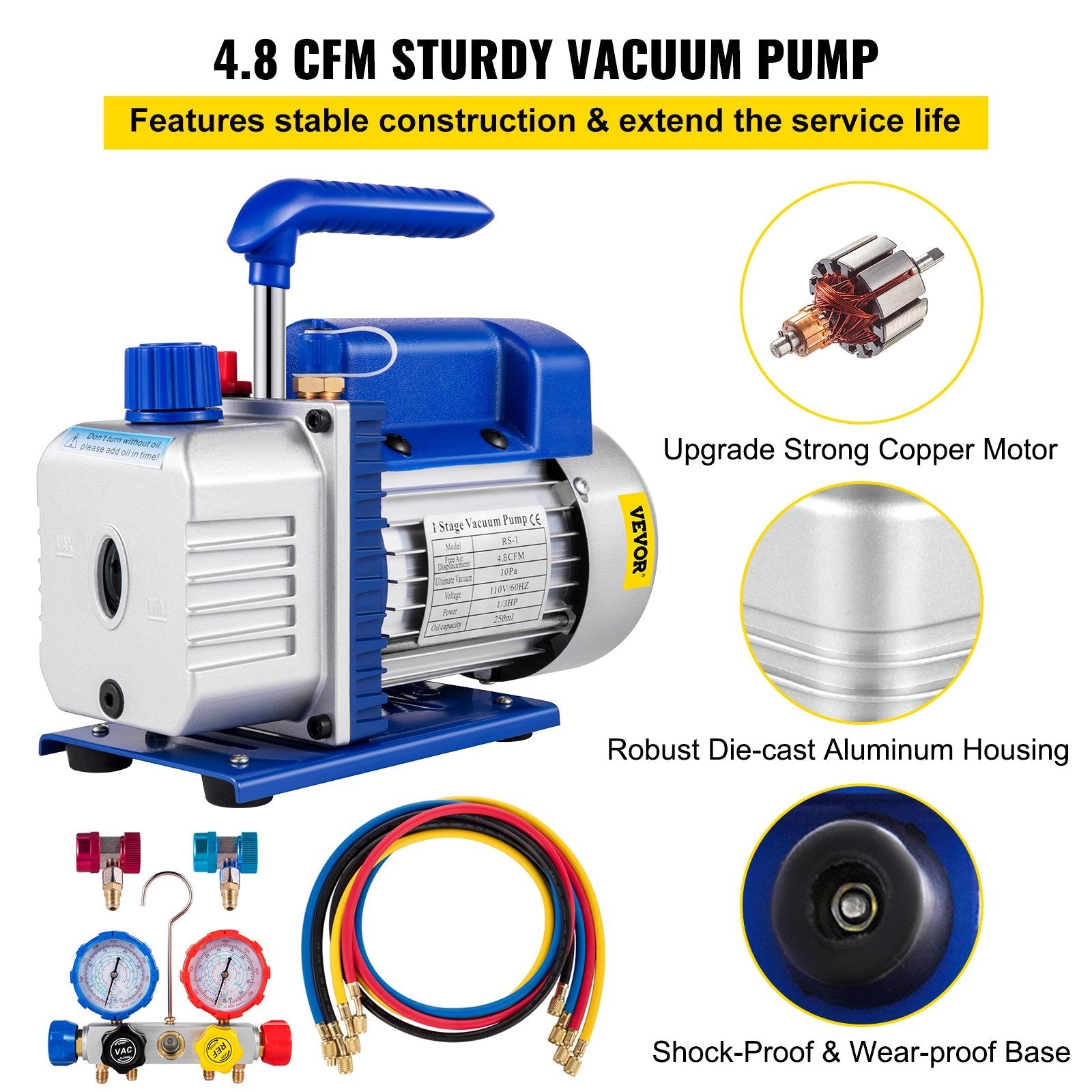 VEVOR Vacuum Pump 4.8CFM 1/4 HP Single Stage HVAC A/C Refrigeration Kit 5PA Ultimate Vacuum Manifold Gauge Set R410A R134A R22 HVAC AC, 4-Way Manifold Gauge and Hose for Air Conditioning Systems 