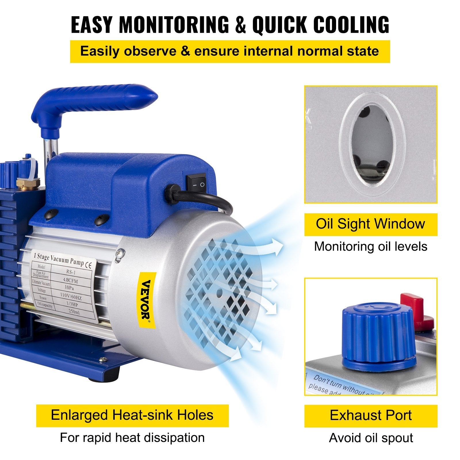 VEVOR Vacuum Pump 4.8CFM 1/4 HP Single Stage HVAC A/C Refrigeration Kit 5PA Ultimate Vacuum Manifold Gauge Set R410A R134A R22 HVAC AC, 4-Way Manifold Gauge and Hose for Air Conditioning Systems 