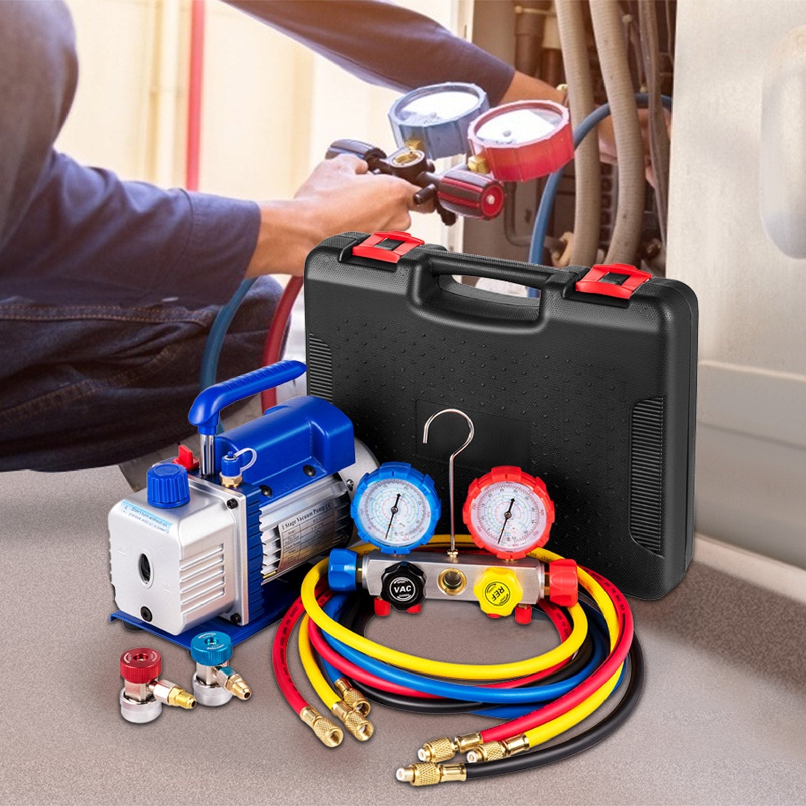 VEVOR Vacuum Pump 4.8CFM 1/4 HP Single Stage HVAC A/C Refrigeration Kit 5PA Ultimate Vacuum Manifold Gauge Set R410A R134A R22 HVAC AC, 4-Way Manifold Gauge and Hose for Air Conditioning Systems 