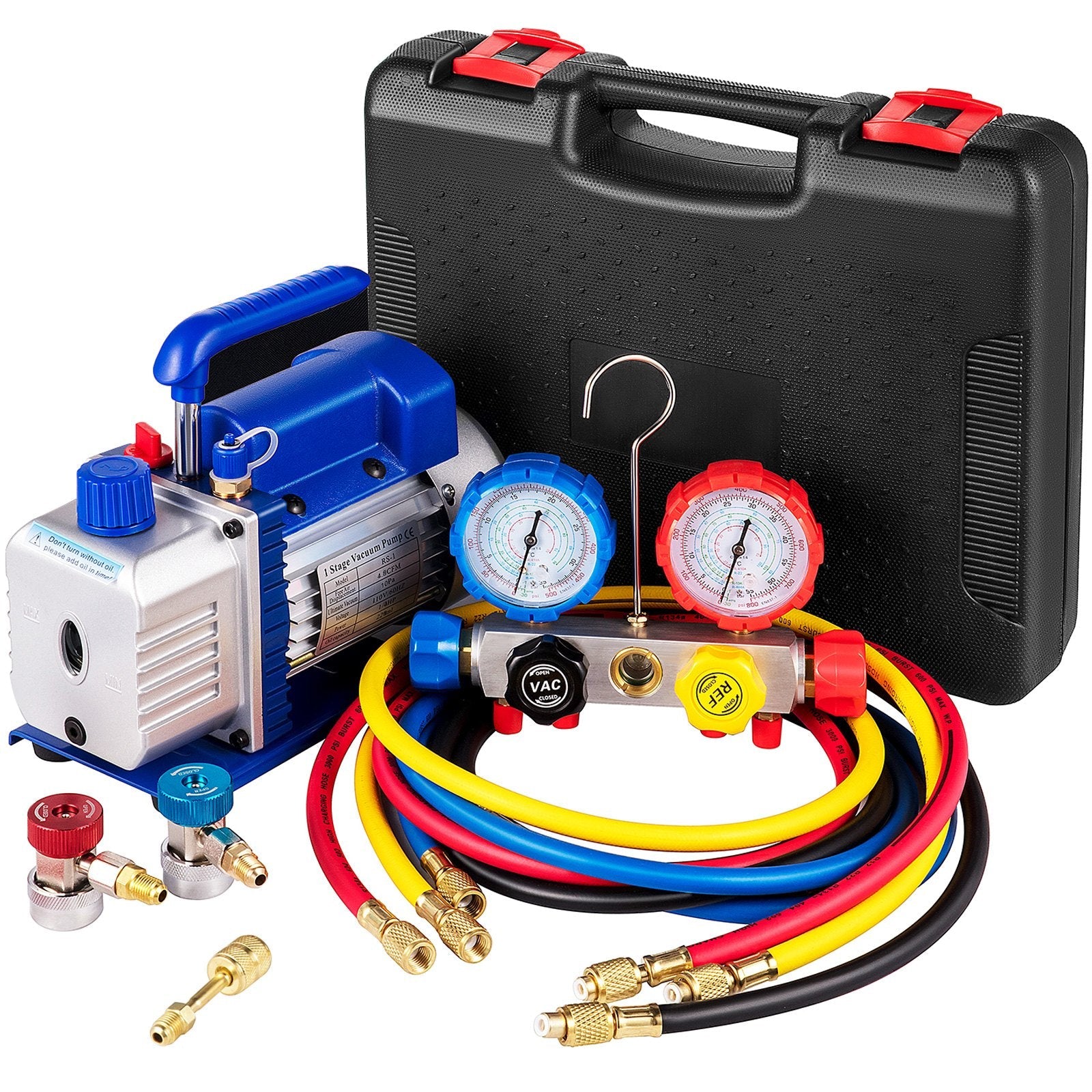 VEVOR Vacuum Pump 4.8CFM 1/4 HP Single Stage HVAC A/C Refrigeration Kit 5PA Ultimate Vacuum Manifold Gauge Set R410A R134A R22 HVAC AC, 4-Way Manifold Gauge and Hose for Air Conditioning Systems 
