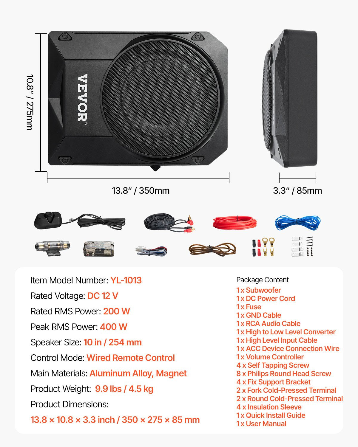 VEVOR 10" 400W Under Seat Car Subwoofer Slim Powered Car/Truck Subwoofer System 