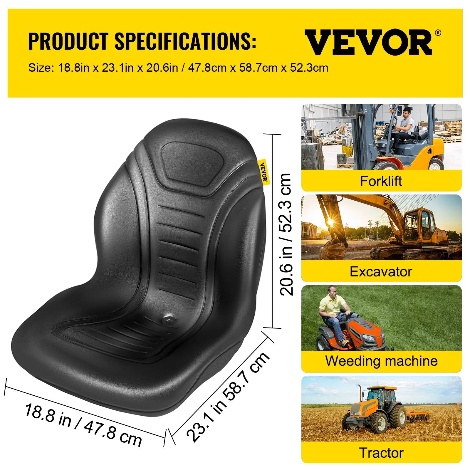 VEVOR Universal Tractor Seat Replacement, Compact High Back Mower Seat Pair, Black Vinyl Forklift Seat, Central Drain Hole Skid Steer Seat with Mounting Bolt Patterns of 8" x 11.5" & 11.25" x 11.5"