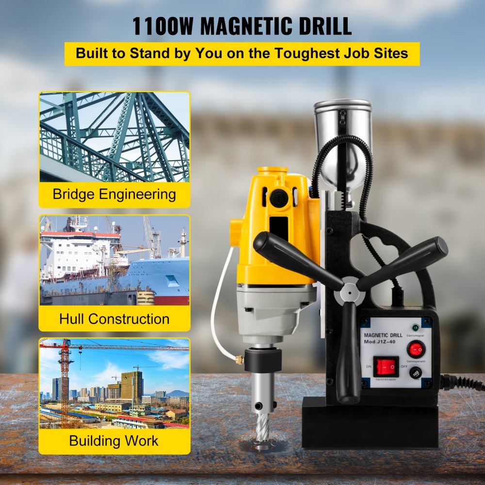 VEVOR MD40 1-1/2 in. Electric Magnetic Drill Press Drilling Machine with 11PC HSS Cutter Set Precise Annular Cutter Kit Compact Switchable Evolution 1100W Magnet Force 