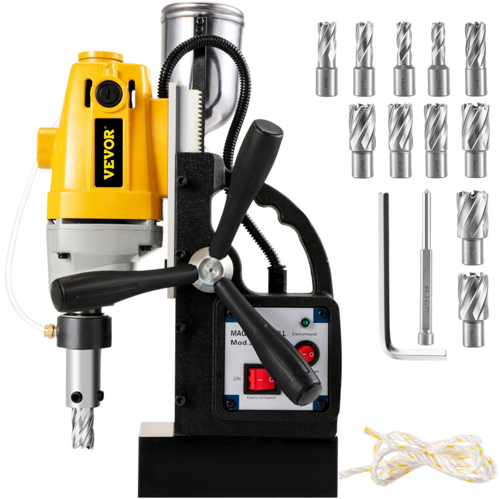 VEVOR MD40 1-1/2 in. Electric Magnetic Drill Press Drilling Machine with 11PC HSS Cutter Set Precise Annular Cutter Kit Compact Switchable Evolution 1100W Magnet Force 
